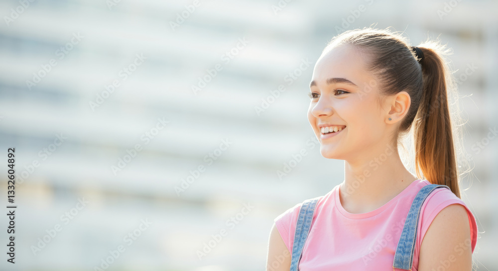Young caucasian female smiling outdoors in casual pink shirt and overalls Young caucasian female smiling outdoors in casual pink shirt and overalls