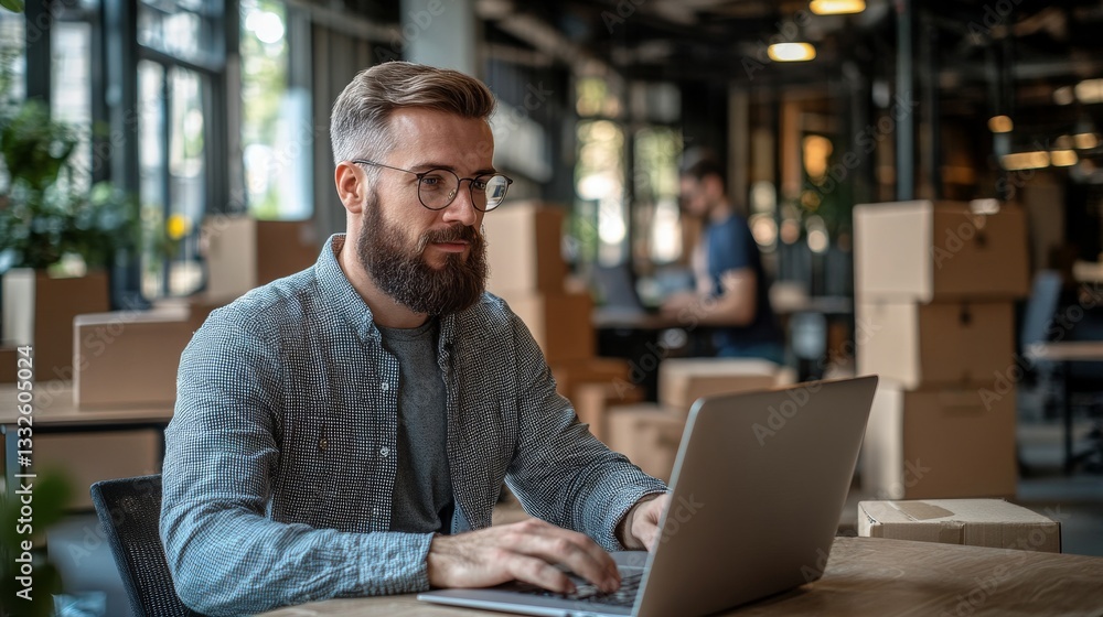 Man with glasses works on a laptop in an office surrounded by shipping boxes. Man with glasses works on a laptop in an office surrounded by shipping boxes.