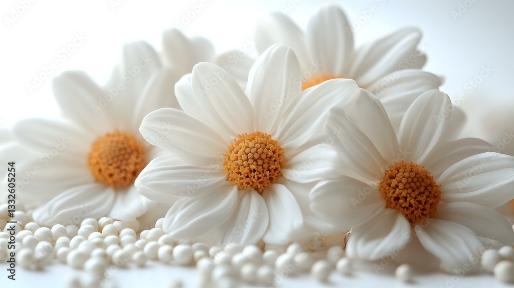 Fresh white daisies with yellow centers arranged with small white pearls on light background, creating soft romantic composition for wedding designs. Fresh white daisies with yellow centers arranged with small white pearls on light background, creating soft romantic composition for wedding designs.