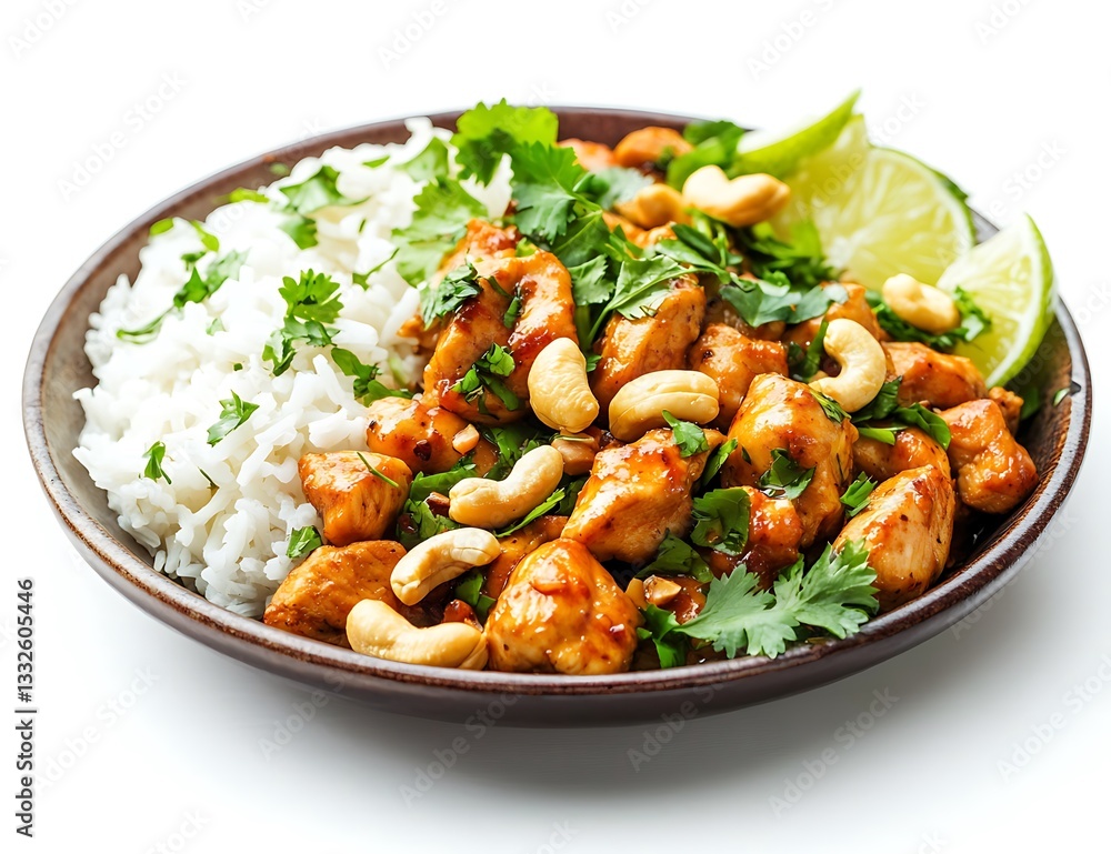 cashew chicken with rice on a white plate featuring tender chicken pieces cashews and vegetables in a savory sauce cashew chicken with rice on a white plate featuring tender chicken pieces cashews and vegetables in a savory sauce