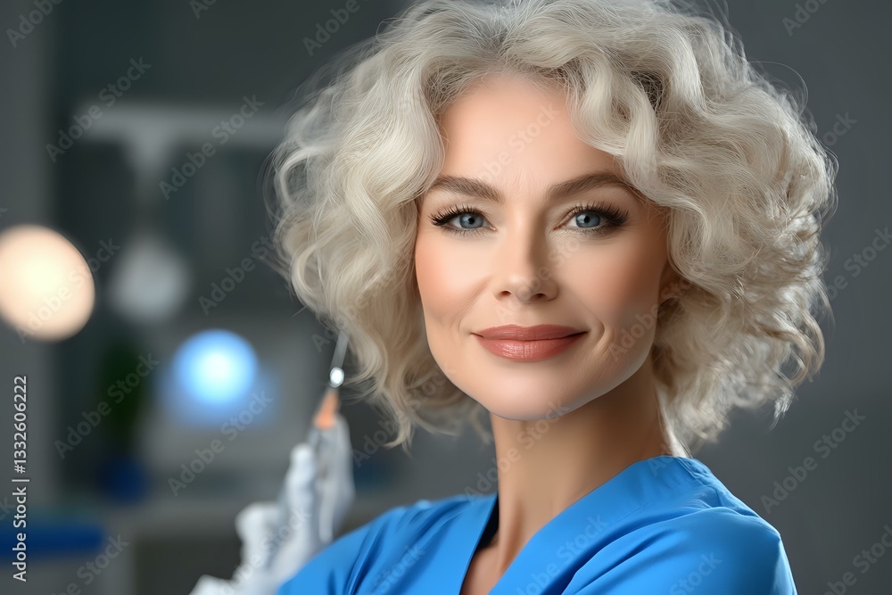 Fototapeta premium Confident female medical professional with platinum blonde curly hair wearing blue scrubs smiles warmly at camera in modern healthcare setting.