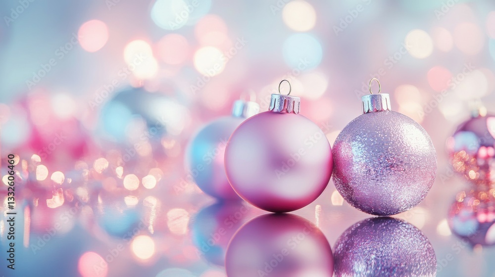Festive composition made of decorative xmas baubles on shiny background. Christmas and New Year celebration and party concept Festive composition made of decorative xmas baubles on shiny background. Christmas and New Year celebration and party concept