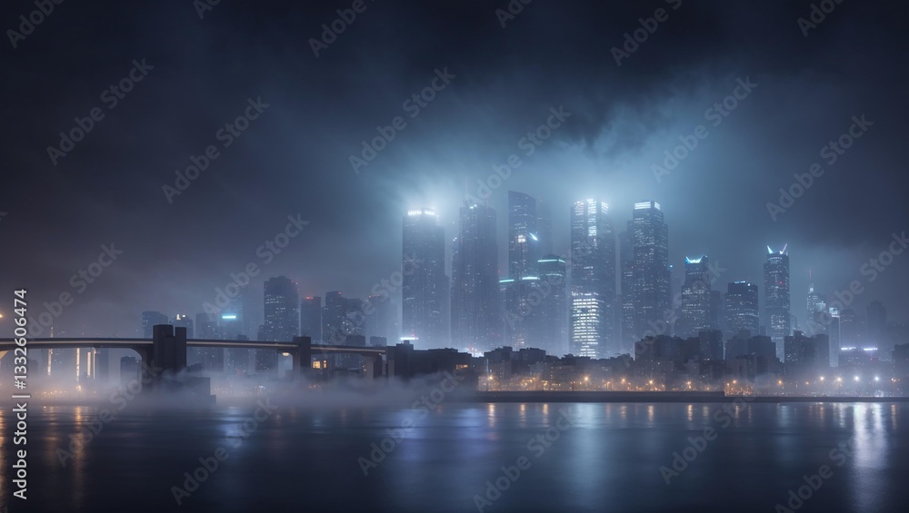 Fototapeta premium A nighttime cityscape is shrouded in mist. Tall skyscrapers emerge from the fog, reflecting on the water below.
