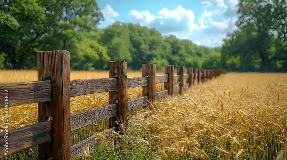 Obraz premium Rustic wooden fence stretches across golden wheat field under summer sky, leading into lush green forest. Agricultural landscape shows ripe grain ready for harvest.