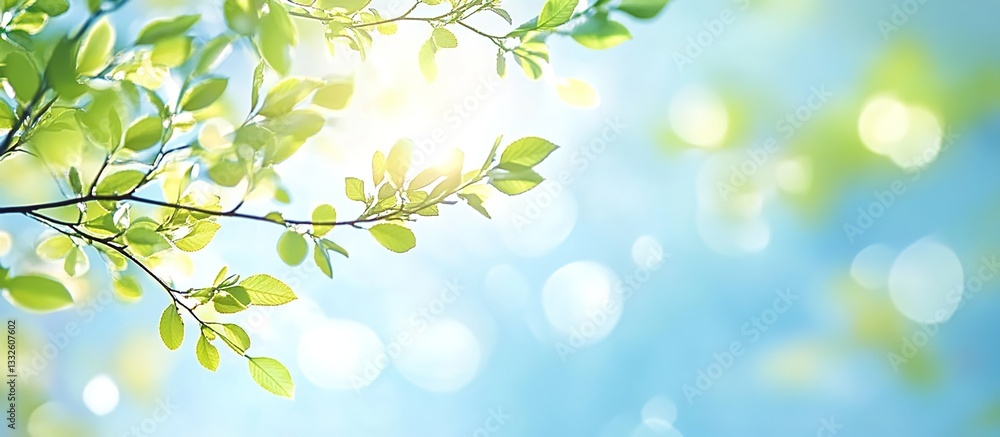 Spring background with blurred nature, green leaves, and sun rays on a blue sky. This spring border design has copy space for text, creating a fresh spring concept and a banner template. Spring background with blurred nature, green leaves, and sun rays on a blue sky. This spring border design has copy space for text, creating a fresh spring concept and a banner template.