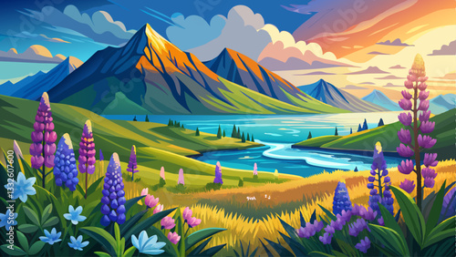 Beautiful sunny day and lupine flowers on Stokksnes cape in Iceland.