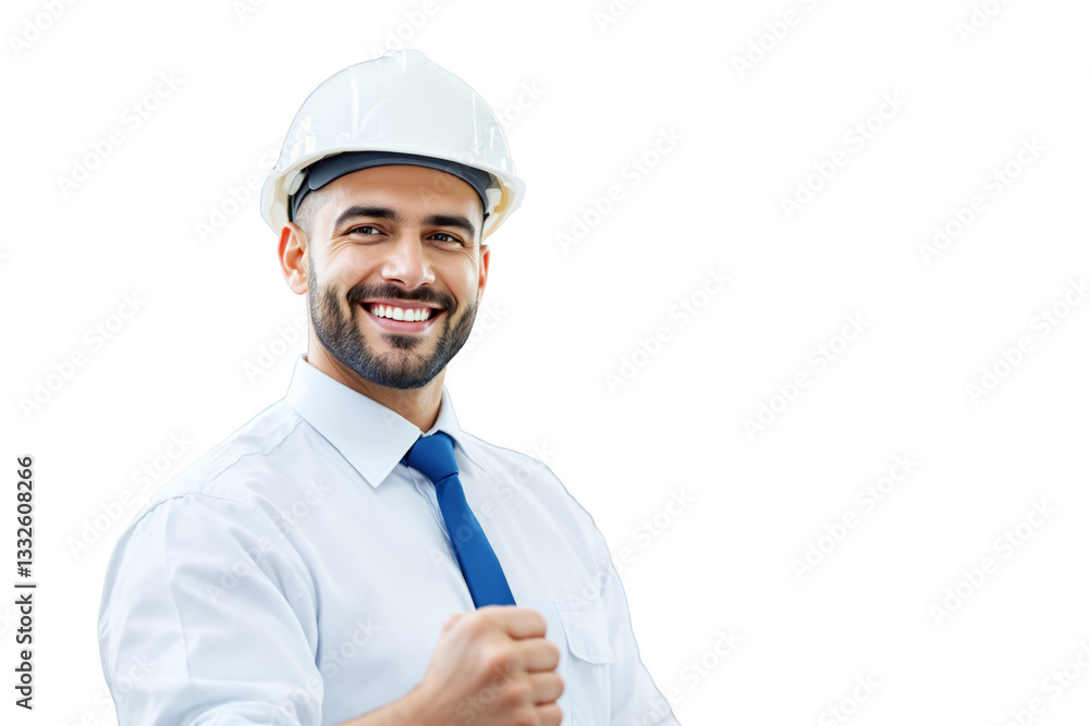 Smiling male engineer in white helmet and blue tie, showing confidence, isolated on white background. Concept of success and professionalism. Ai generative Smiling male engineer in white helmet and blue tie, showing confidence, isolated on white background. Concept of success and professionalism. Ai generative