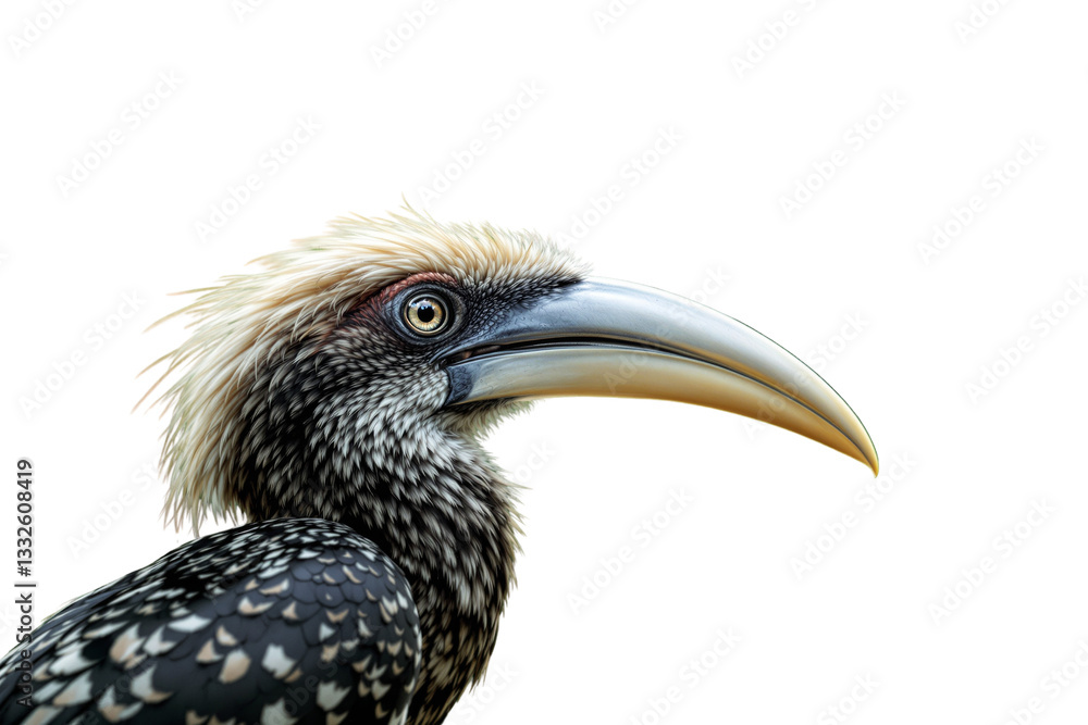 Fototapeta premium Closeup of a realistic exotic bird with detailed feathers and a large curved beak, isolated on a white background. Wildlife and nature concept. Ai generative