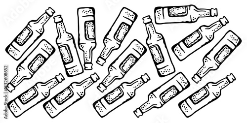 Horizontal vector banner of black and white glass bottles on a white isolated background