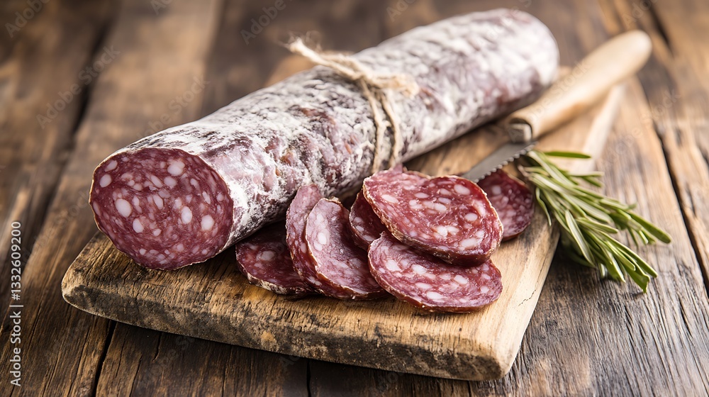 A cured sausage is shown on a wooden cutting board A cured sausage is shown on a wooden cutting board