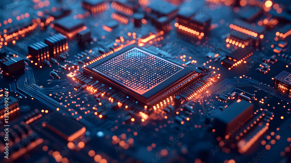 Close-up of Illuminated Central Processing Unit (CPU) on a Circuit Board Close-up of Illuminated Central Processing Unit (CPU) on a Circuit Board