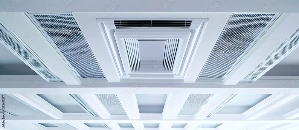 Obraz premium A photograph of a white ceiling with square air vent extrusions, showcasing the intricate design and detail in high resolution.