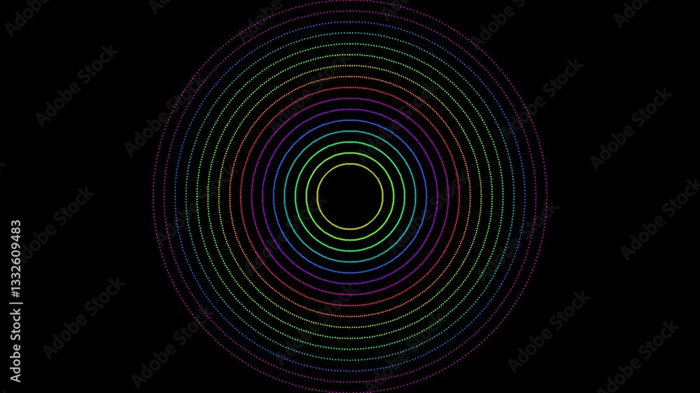 many concentric circles made of thousands of colored dots that randomly change color on a black background many concentric circles made of thousands of colored dots that randomly change color on a black background