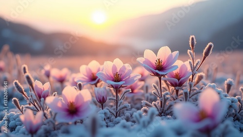 Pink flowers bloom in a frosty field at sunrise. Frosty Pink Sunrise