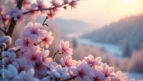 Pink flowers bloom in a frosty field at sunrise. Frosty Pink Sunrise