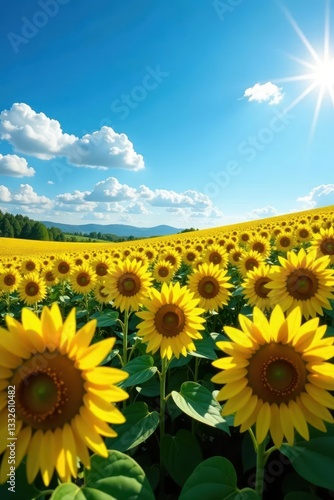 Endless rows of sunflowers under cloudless azure , botanical, color