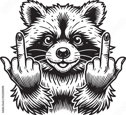 Mischievous Raccoon Middle Finger Black Vector Outline