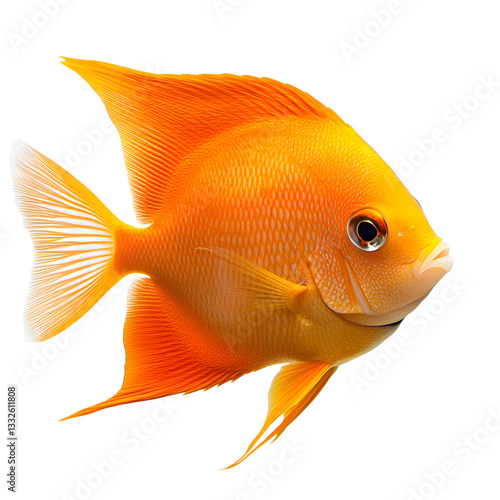 An isolated orange-gold aquarium fish is swimming against a white background