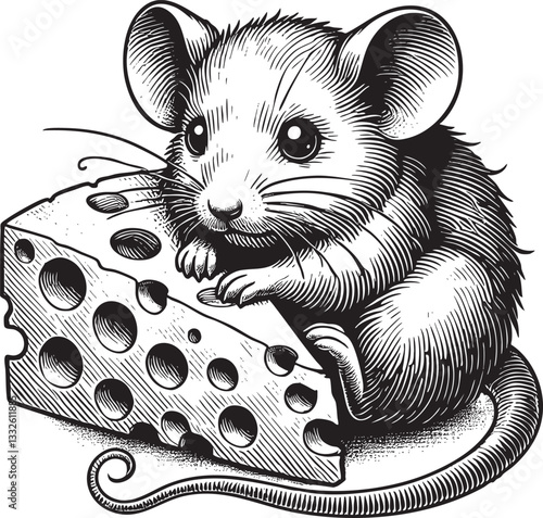 Mouse with Cheese Black Vector Outline Illustration