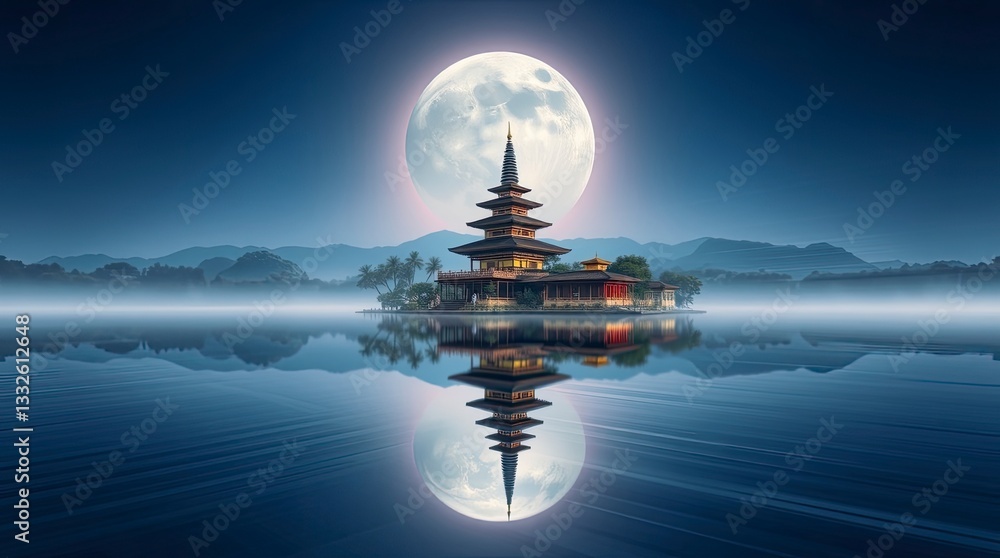 Obraz premium Serene Pagoda Lake Moon Night Scene Peaceful Asian Temple Reflection