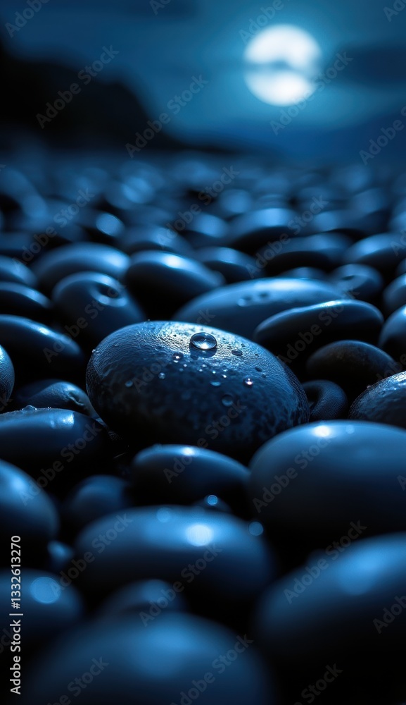 Fototapeta premium A close-up shot of dark, smooth pebbles with water droplets, illuminated by a soft moonlight with a blurred moon in the background, creating a serene and mystical night scene