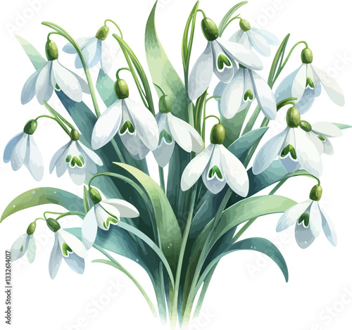 watercolor snowdrop flower bouquet illustration on white background