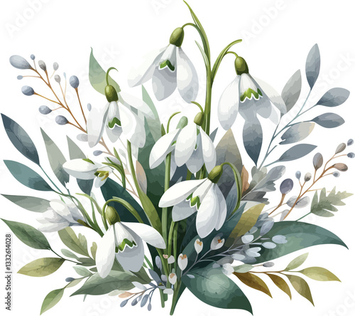 white snowdrop flowers on white background