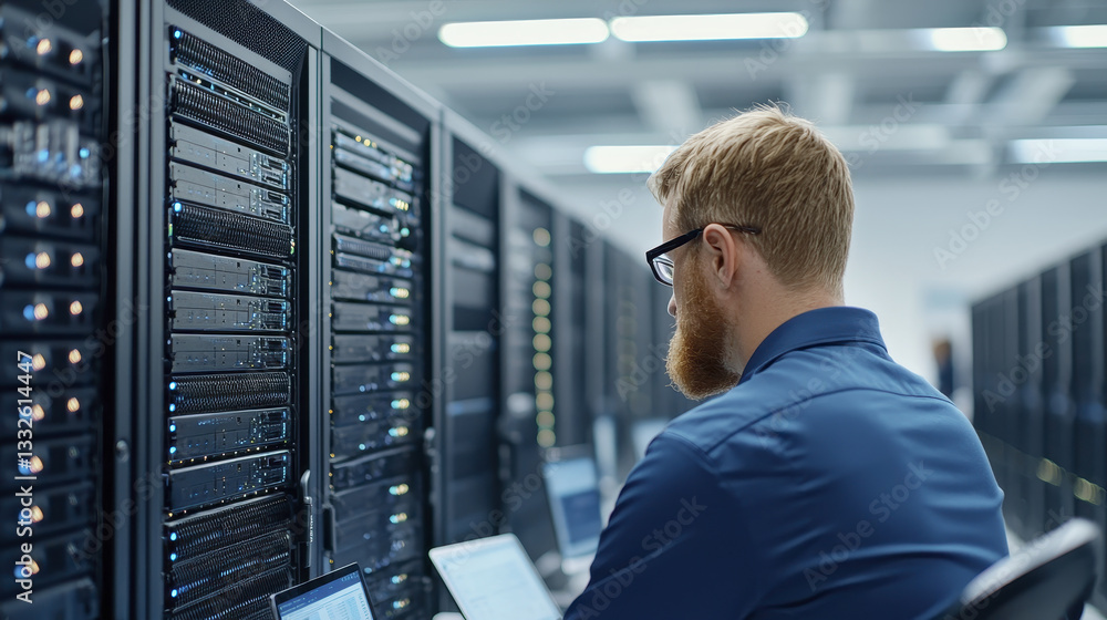 Efficient data management in server room with focused technician Efficient data management in server room with focused technician