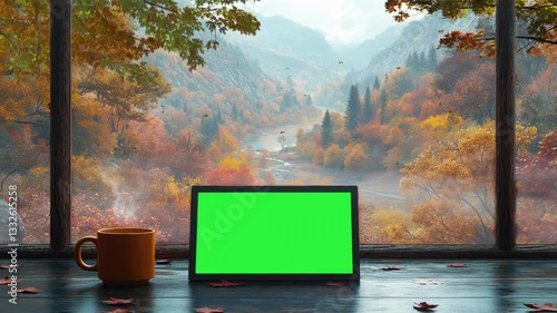 Photo frame mockup with coffee mug on the table in front of an open window overlooking, an autumn scene outside the windows seamless looping animation background