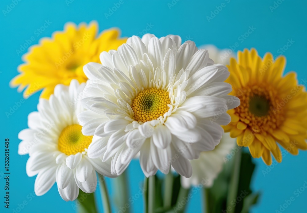 Fototapeta premium Bright Colorful Daisy Flowers Against a Vibrant Blue Background Showcasing Their Beautiful Petals and Lively Appearance in a Stunning Floral Arrangement
