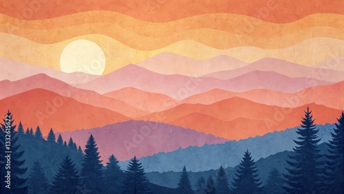 Serene sunrise over mountain landscape nature artwork vibrant colors and textured gradient outdoor viewpoint inspiring visual concept