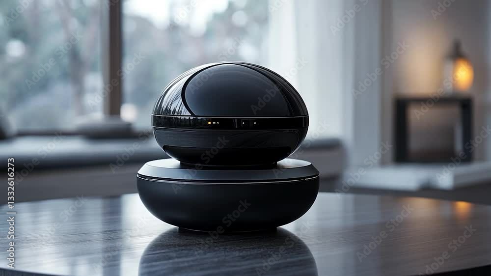 Modern black speaker design on a wooden table with a serene backdrop