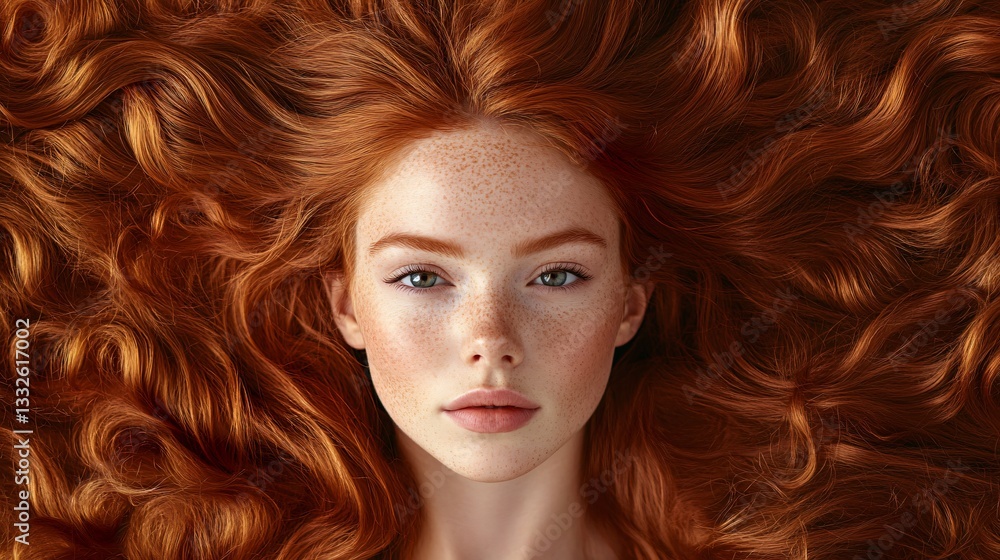 Fototapeta premium Beautiful Woman Portrait with Long Curly Red Hair Cascading Over a Minimal Luxurious Fabric Texture. Copy space. Generative AI