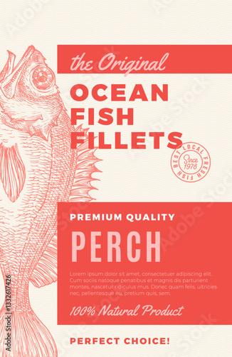 Seafood Fish Vector Label Design Package Background Layout Template. Hand Drawn Atlantic Perch Illustration and Modern Typography. Fish Silhouette Product Banner With Pattern and Engraved Drawing