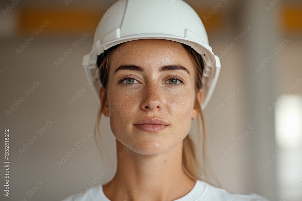 Confident woman in hard hat, showcasing determination and profes Confident woman in hard hat, showcasing determination and profes