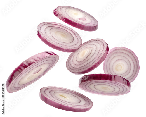 Thin Slices of Fresh Red Onions Floating in Mid-Air – Crisp and Vibrant