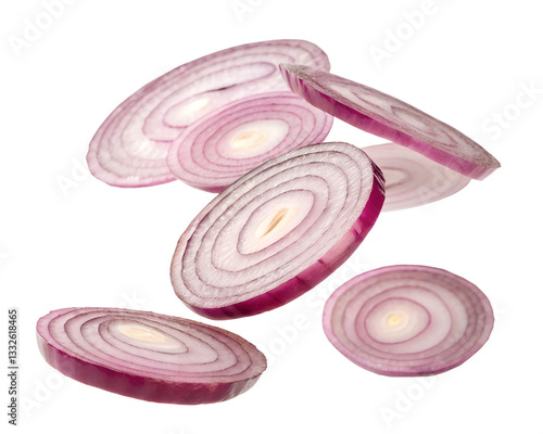 Thin Slices of Fresh Red Onions Floating in Mid-Air – Crisp and Vibrant