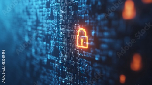 Digital security concept, vibrant blue and orange lock symbol amidst a network background, tech theme showcasing cybersecurity.