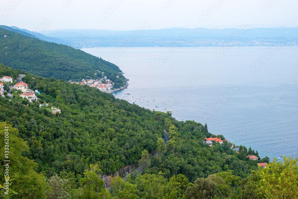 view from Moscenice to Ucka mountains and Kvarner Bucht, croatian coastal landscape
