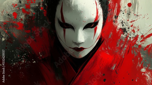 Illustration of person wearing white mask with red markings and red clothing