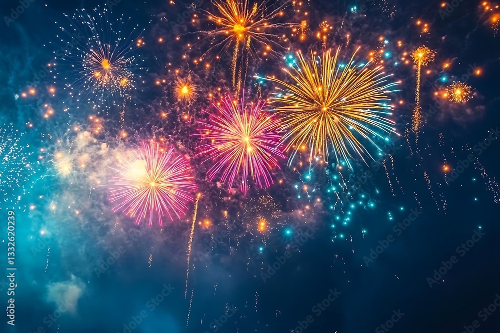 Fototapeta premium Gold Teal Fireworks Celebration Night Background