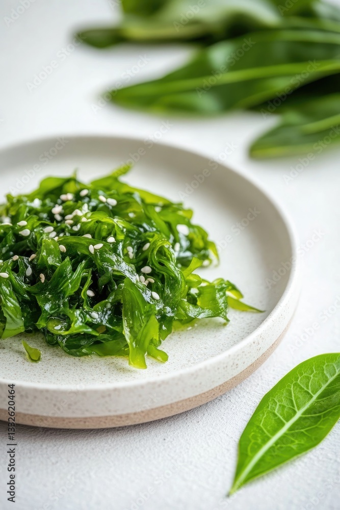 Fresh seaweed salad garnished with sesame seeds on minimalist pl Fresh seaweed salad garnished with sesame seeds on minimalist pl