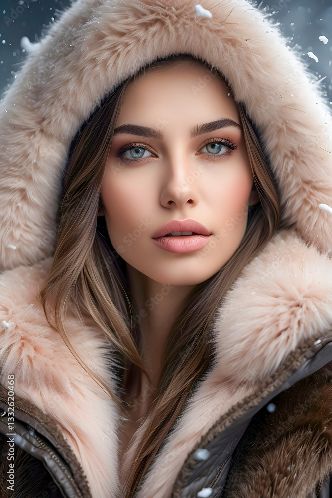 Beautiful Woman Wearing Warm Coat in Snowy Landscape Generative AI Beautiful Woman Wearing Warm Coat in Snowy Landscape Generative AI