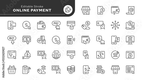 Online payment line icon set. Pay, bank credit card, cash, payment method, money transfer, buy, wallet, electronic check and more. Outline vector icons. Pictogram collection.