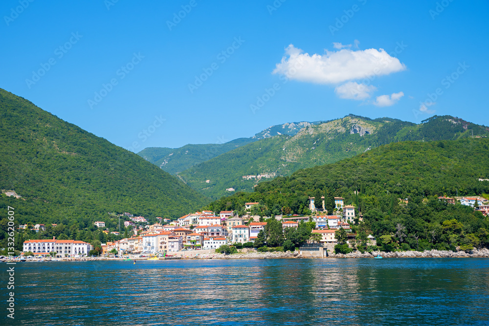 view to coastline of moscenicka draga, boat trip at the ocean. kvarner bucht croatia in summer