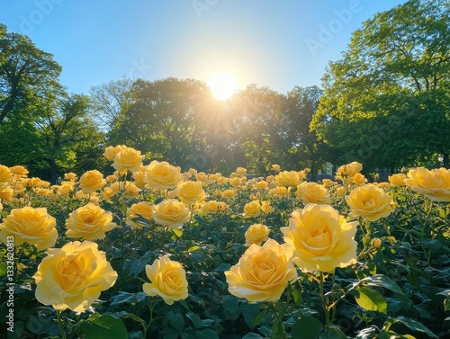 Bright Yellow Roses Blooming in Sunlit Garden Under Clear Blue Sky with Sunlight Shining Through Trees and Soft Blossoms in Background