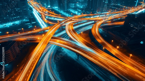 Dynamic light trails on urban road, vibrant orange and blue colors intertwining, representing motion and energy, ideal for tech themes.