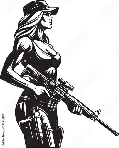 Woman Warrior with Rifle Black Vector Outline