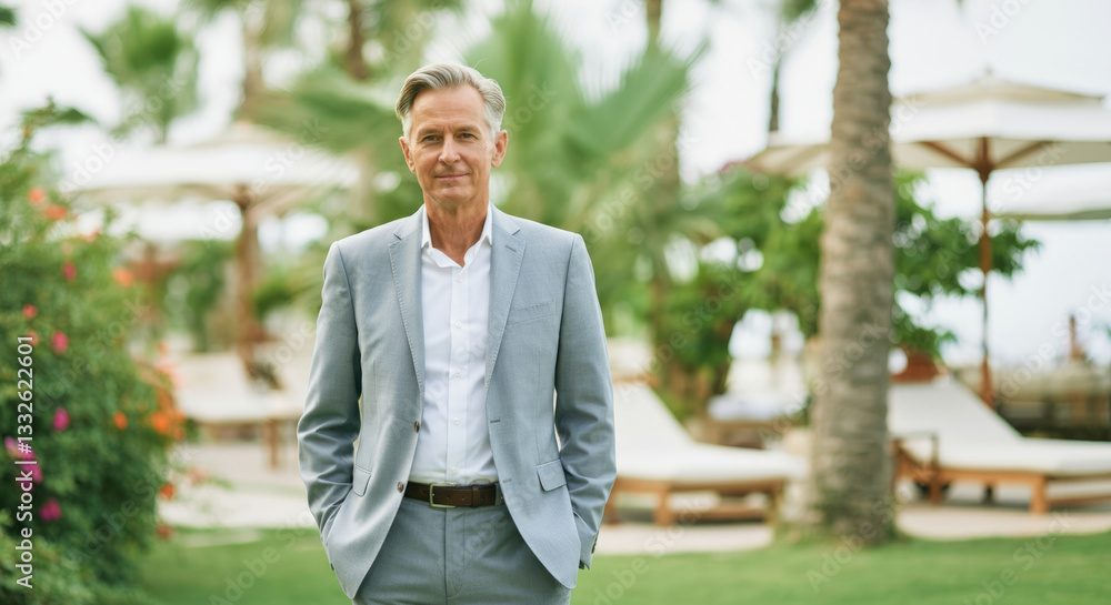 Mature caucasian male in gray suit standing in lush outdoor resort setting Mature caucasian male in gray suit standing in lush outdoor resort setting