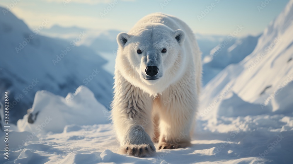 Polar bear walking on snowy terrain, mountains visible in background, arctic landscape Polar bear walking on snowy terrain, mountains visible in background, arctic landscape